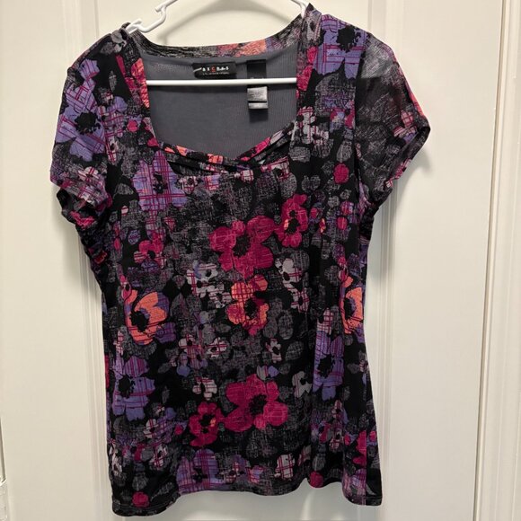 Axcess by Liz Claiborne Floral Abstract Print Short Sleeve Top Size Large EUC - Picture 3 of 11